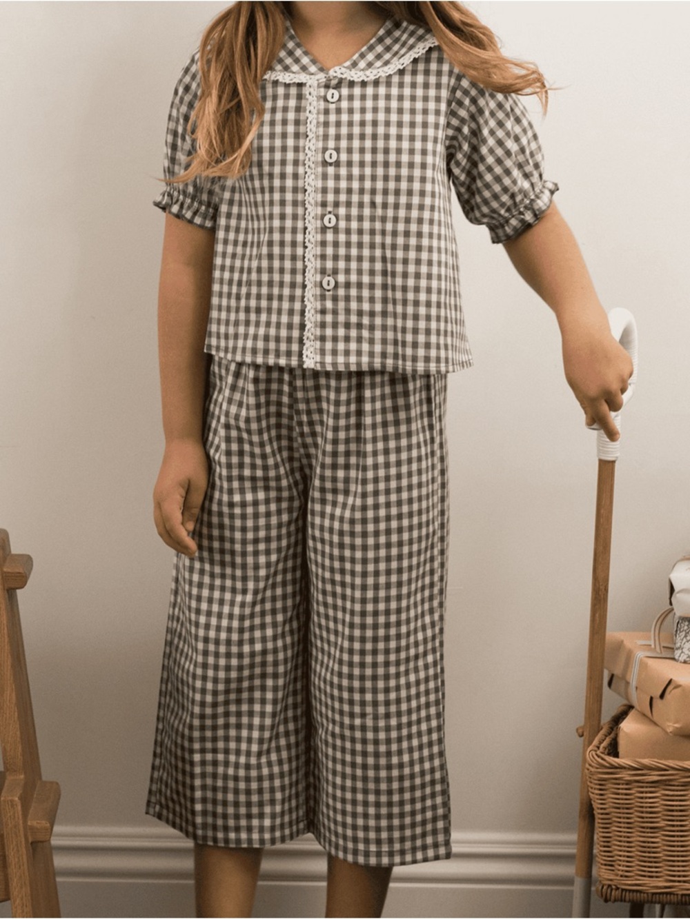 btween Gray Gingham Short Sleeve Pajama Set with Lace Trim